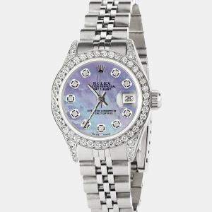 Rolex Customised Purple MOP Diamond Stainless Steel Datejust  Automatic Women's Wristwatch 26mm