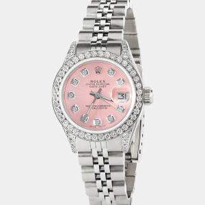 Rolex Customised Pink Diamond Stainless Steel Datejust  Automatic Women's Wristwatch 26mm