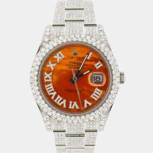 Rolex Customised Orange MOP 13.1CT Diamond Stainless Steel Datejust II 116300 Automatic Men's Wristwatch 41mm