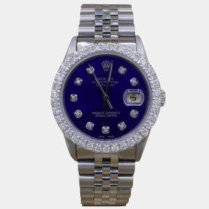 Rolex Customised Blue 3CT Diamond Stainless Steel Datejust  Automatic Men's Wristwatch 36mm
