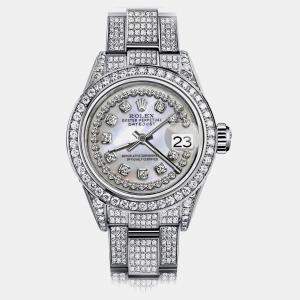 Rolex Customised White Pearl Diamond Stainless Steel Datejust 178274 Automatic Women's Wristwatch 31mm