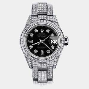 Rolex Customised Black Diamond Stainless Steel Datejust 179174 Automatic Women's Wristwatch 26mm