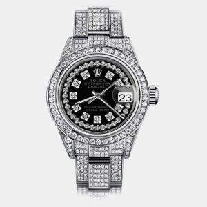 Rolex Customised Black Diamond Stainless Steel Datejust 179174 Automatic Women's Wristwatch 26mm