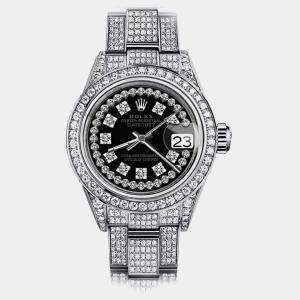 Rolex Customised Black Diamond Stainless Steel Datejust 179174 Automatic Women's Wristwatch 26mm