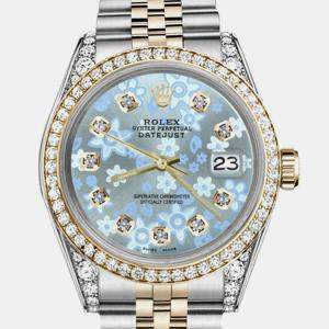 Rolex Customised Ice Blue Diamond 18K Yellow Gold Stainless Steel Datejust 69173 Automatic Women's Wristwatch 26mm