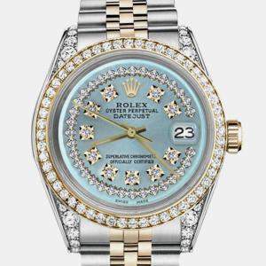 Rolex Customised Ice Blue Diamond 18K Yellow Gold Stainless Steel Datejust 69173 Automatic Women's Wristwatch 26mm