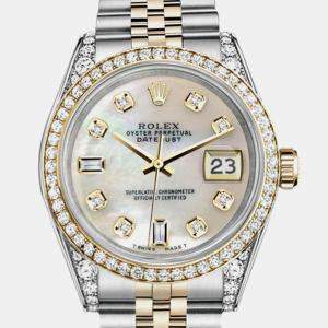 Rolex Customised White MOP Diamond 18K Yellow Gold Stainless Steel Datejust 69173 Automatic Women's Wristwatch 26mm