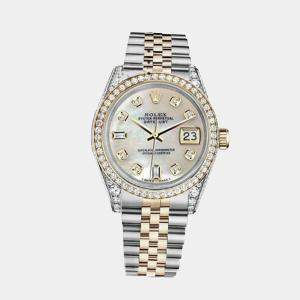 Rolex Customised White MOP Diamond 18K Yellow Gold Stainless Steel Datejust 179173 Automatic Women's Wristwatch 26mm