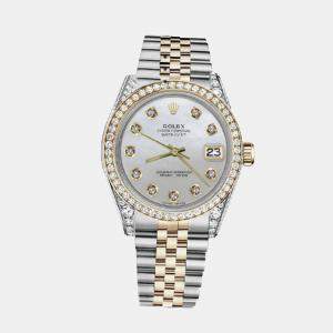 Rolex Customised White MOP Diamond 18K Yellow Gold Stainless Steel Datejust 179173 Automatic Women's Wristwatch 26mm