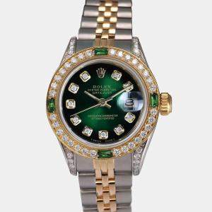 Rolex Customised Green MOP Diamond 18K Yellow Gold Stainless Steel Datejust 69173 Automatic Women's Wristwatch 26mm