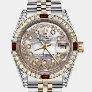 Rolex Customised White MOP Diamond 18K Yellow Gold Stainless Steel Datejust 69173 Automatic Women's Wristwatch 26mm