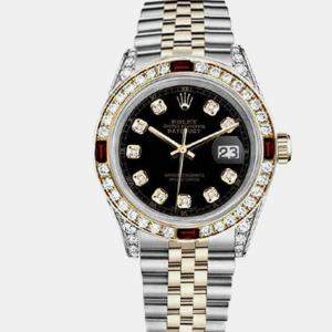 Rolex Customised Black Diamond 18K Yellow Gold Stainless Steel Datejust 69173 Automatic Women's Wristwatch 31mm