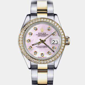 Rolex Customised Pink MOP Diamond 18K Yellow Gold Stainless Steel Datejust 69173 Automatic Women's Wristwatch 26mm