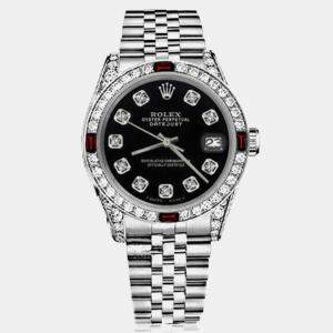 Rolex Customised Black Diamond Stainless Steel Datejust 68274 Automatic Women's Wristwatch 31mm
