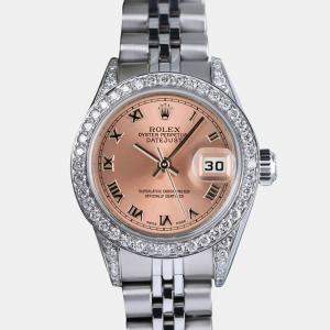 Rolex Customised Salmon Diamond Stainless Steel Datejust 69174 Automatic Women's Wristwatch 26mm