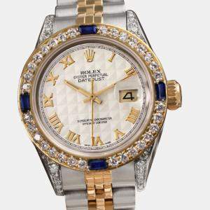 Rolex Customised Cream Diamond 18K Yellow Gold Stainless Steel Datejust 69173 Automatic Women's Wristwatch 26mm