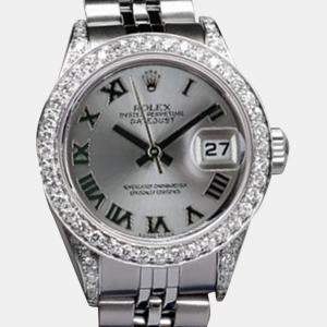 Rolex Customised Grey Diamond Stainless Steel Datejust 69174 Automatic Women's Wristwatch 26mm