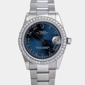 Rolex Customised Blue Diamond Stainless Steel Datejust 68274 Automatic Women's Wristwatch 31mm