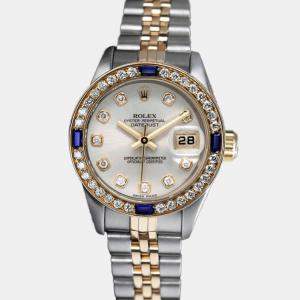 Rolex Customised Silver Diamond 18K Yellow Gold Stainless Steel Datejust 69173 Automatic Women's Wristwatch 26mm