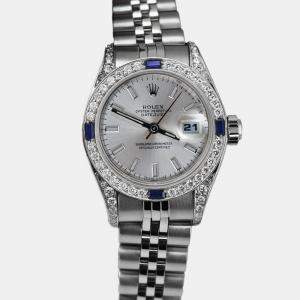 Rolex Customised Silver Diamond Stainless Steel Datejust 69174 Automatic Women's Wristwatch 26mm
