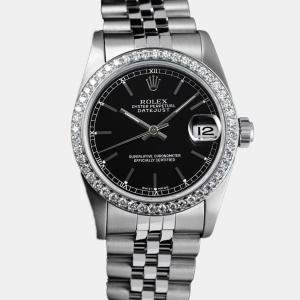 Rolex Customised Black Diamond Stainless Steel Datejust 68274 Automatic Women's Wristwatch 31mm