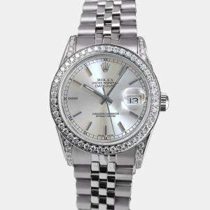 Rolex Customised Silver Diamond Stainless Steel Datejust 68274 Automatic Women's Wristwatch 31mm