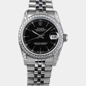Rolex Customised Black Diamond Stainless Steel Datejust 68274 Automatic Women's Wristwatch 31 mm