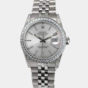 Rolex Customised Silver Diamond Stainless Steel Datejust 68274 Automatic Women's Wristwatch 31mm