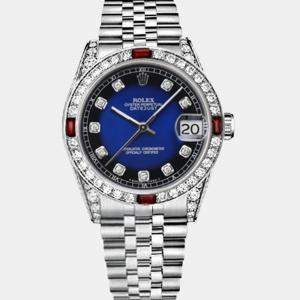 Rolex Customised Blue Diamond Stainless Steel Datejust 68274 Automatic Women's Wristwatch 31mm