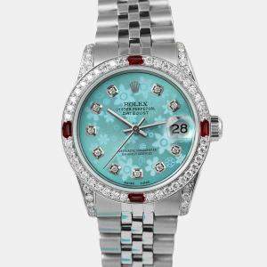 Rolex Customised Blue Flower Diamond Stainless Steel Datejust 16014 Automatic Women's Wristwatch 36mm