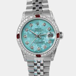 Rolex Customised Blue Flower Diamond Stainless Steel Datejust 68274 Automatic Women's Wristwatch 31mm