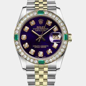Rolex Customised Purple Diamond 18K Yellow Gold Stainless Steel Vintage 69173 Automatic Women's Wristwatch 26mm