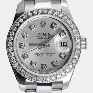 Rolex Customised Silver Diamond Stainless Steel Datejust 179160 Automatic Women's Wristwatch 26mm