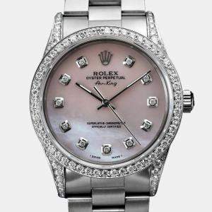 Rolex Customised Pink Diamond Stainless Steel Air-King 14000 Automatic Women's Wristwatch 34 mm