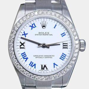 Rolex Customised White Diamond Stainless Steel Oyster Perpetual 177200 Automatic Women's Wristwatch 31mm