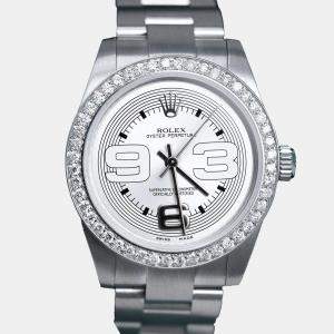 Rolex Customised Silver Diamond Stainless Steel Oyster Perpetual 177200 Automatic Women's Wristwatch 31mm