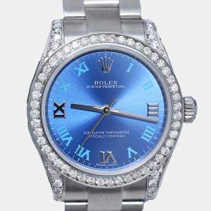 Rolex Customised Blue Diamond Stainless Steel Oyster Perpetual 177200 Automatic Women's Wristwatch 31 mm