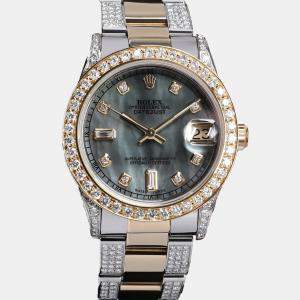 Rolex Customised Black MOP Diamond Stainless Steel Datejust 68173 Automatic Women's Wristwatch 31mm