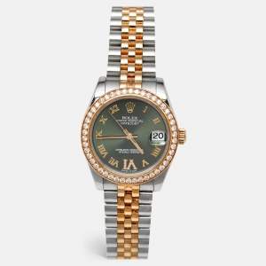 Rolex Olive Green 18K Yellow Gold Stainless Steel Diamond Datejust 178383 Women's Wristwatch 31 mm