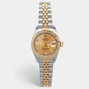 Pre Owned Rolex Champagne Diamond 18k Yellow Gold Stainless Steel Datejust 69173 Women's Wristwatch 26 mm