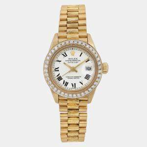 Rolex White 18k Yellow Gold Diamond Datejust 6927 Automatic Women's Wristwatch 26 mm