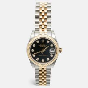 Pre Owned Rolex Datejust 178273-0020 Black Dial Diamond 18K Yellow Gold Stainless Steel Women's Wristwatch 31 mm