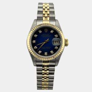 Pre Owned Rolex Datejust 69173 Automatic Blue Vignette Diamond 18K Yellow Gold Stainless Steel Women's Wristwatch 26 mm