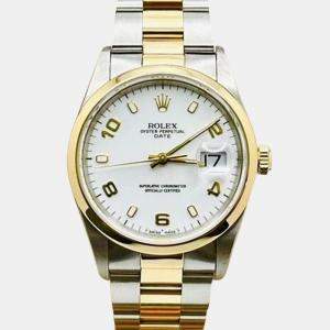 Pre Owned Rolex Oyster Perpetual Date 15203 Automatic White Arabic Dial 18K Yellow Gold Stainless Steel Women's Wristwatch 34mm