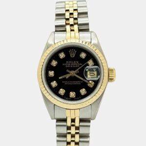 Pre Owned Rolex Datejust 69173 Automatic Black Diamond Dial 18k Yellow Gold Stainless Steel Women's Wristwatch 26mm