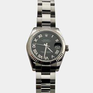 Pre Owned Rolex Datejust 178274 Automatic Black Roman Dial Stainless Steel 18k White Gold Women's Wristwatch 31mm