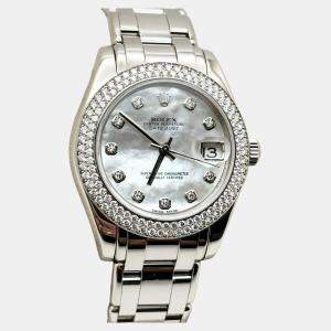 Pre Owned Rolex Datejust Pearlmaster 81339 Automatic Mother of Pearl Diamond Dial 18K White Gold Women's Wristwatch 34 mm