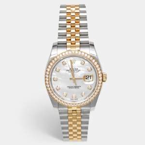 Pre Owned Rolex Datejust 116243-0018 White Mother Of Pearl Dial 18K Yellow Gold Stainless Steel Diamond Men's Wristwatch 36 mm