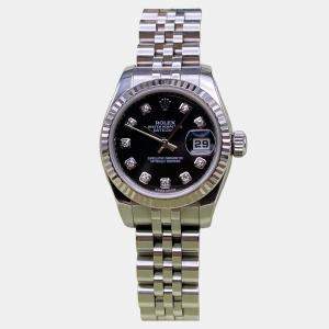 Pre Owned Rolex Datejust 179174 Automatic Black Diamond Dial Stainless Steel 18k White Gold Women's Wristwatch 26mm