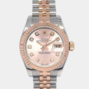 Pre Owned Rolex Datejust 179171 Automatic Pink 18k Rose Gold Diamond Stainless Steel Women's Wristwatch 26 mm